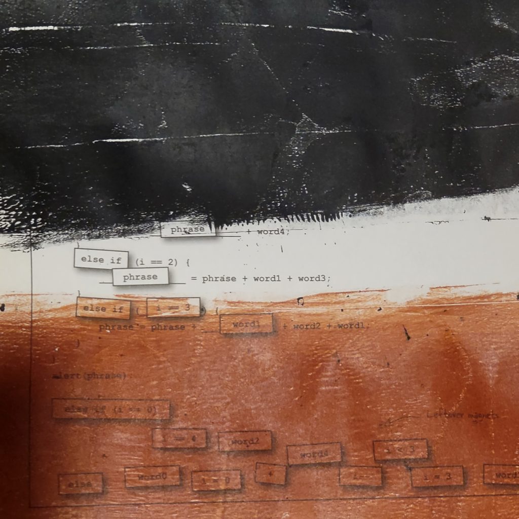 a book page, with an opaque thick black strip at the top, the middle has no paint, and the bottom is semi-transparent through brown paint
