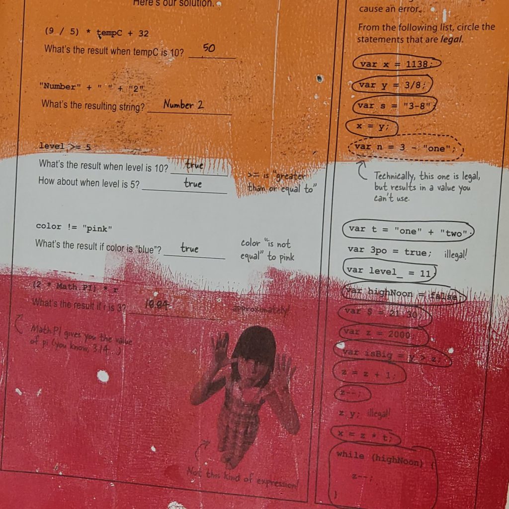 a book page. The middle has no paint, the top has a layer of transparent orange, the bottom has a layer of semi-transparent red.