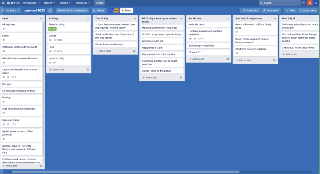 A trello board with several swimlanes, many activities in the 'Ideas' swimlane that did not get moved to a swimlane for any day